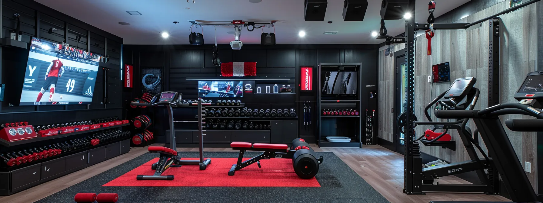 a vibrant home gym features a meticulously organized layout with energetic splashes of cherry red accent pieces, a prominent display of stylish brooks running shoes, and motivational soccer memorabilia, all under bright, focused lighting that inspires a dynamic workout atmosphere.