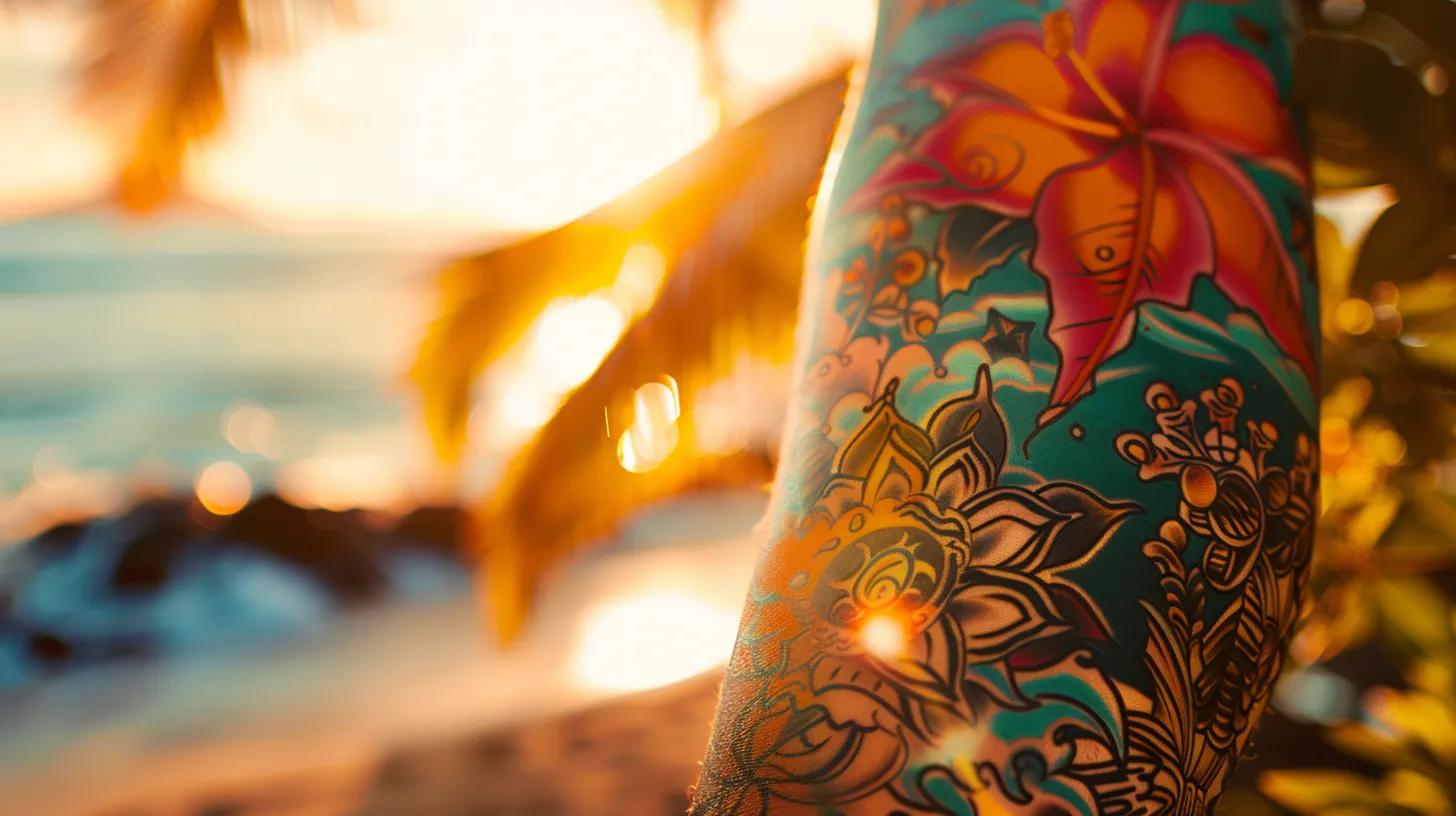a vibrant, hyper-realistic american traditional tattoo featuring a hawaiian twist, showcasing bold colors and intricate designs, set against the sunlit backdrop of a tropical beach in hawaii.