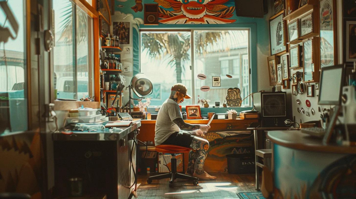 a vibrant, hyper-realistic scene captures a skilled tattoo artist intricately inking an american traditional tattoo with a hawaiian twist, set against a sunlit tattoo studio adorned with ocean-themed decor, while the calming sounds of the pacific waves can be felt in the air.
