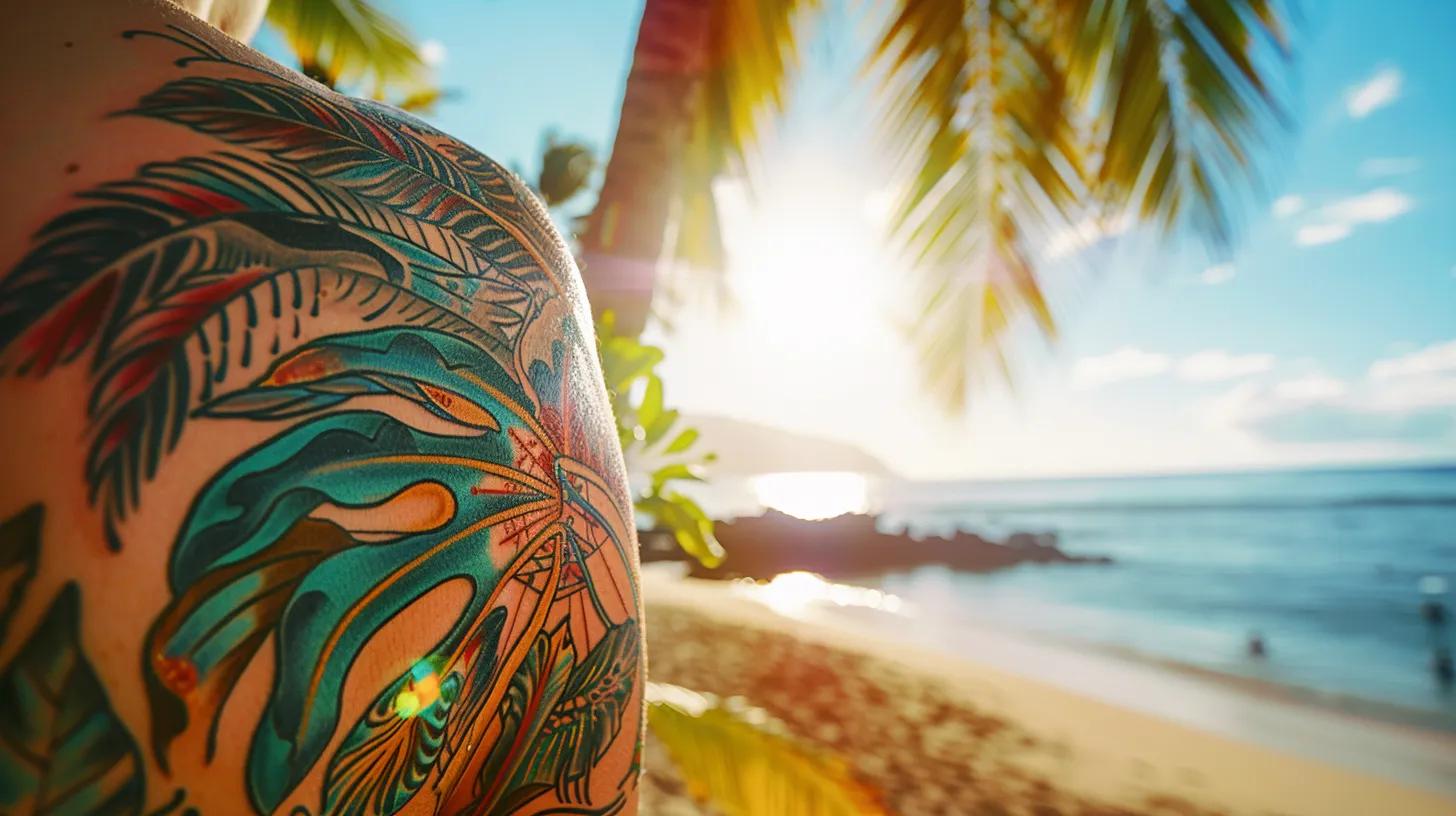 a vibrant, hyper-realistic tattoo featuring american traditional artistry with a hawaiian twist boldly displayed against the stunning backdrop of a sun-drenched beach, capturing the essence of island life.