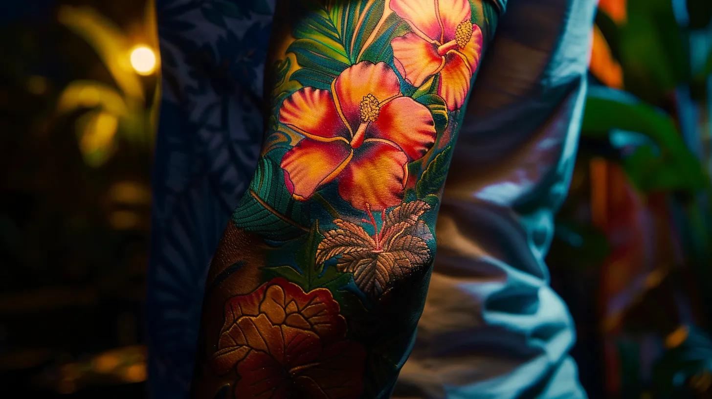 a vibrant, hyper-realistic tattoo featuring an american traditional style with a hawaiian twist, vividly illustrating the rich cultural symbolism of island life against a backdrop of lush tropical scenery.