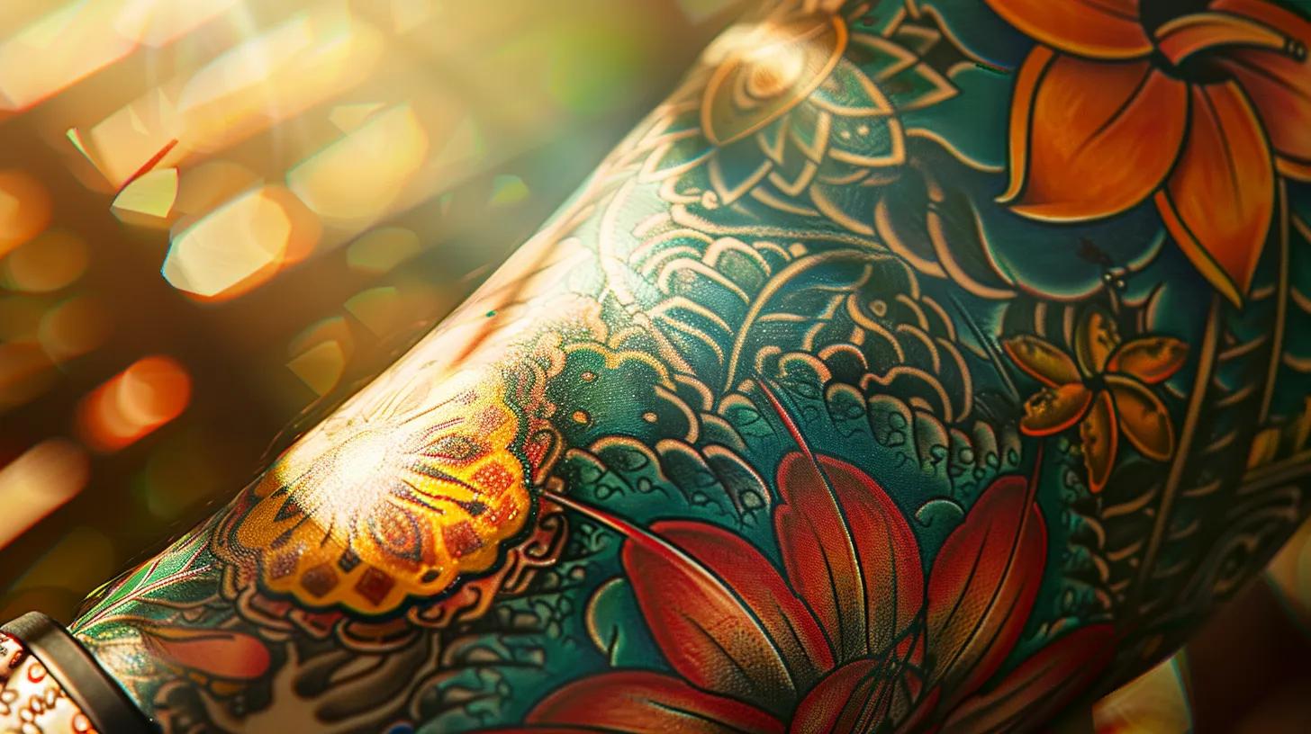 a vibrant, hyper-realistic american traditional tattoo featuring a hawaiian twist, showcasing bold colors and intricate details of island motifs against a sunlit backdrop, embodying the spirit of spring break in hawaii.