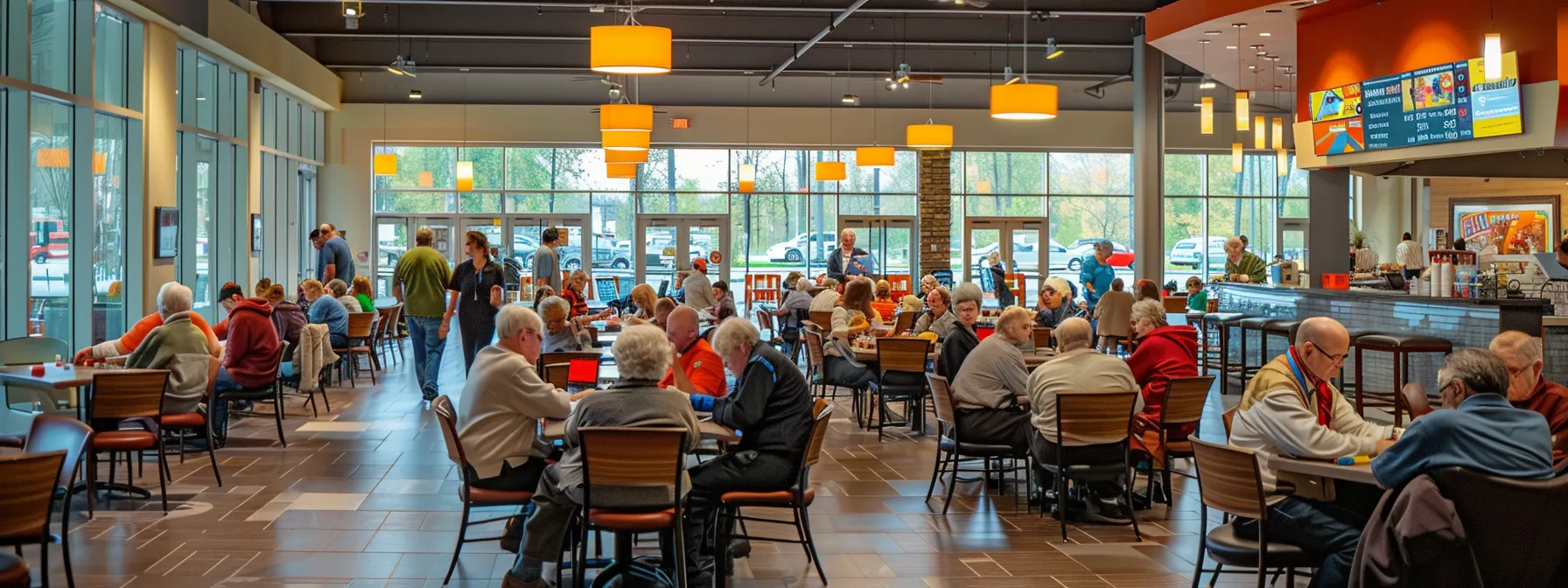 a vibrant indoor activity center bustling with older adults engaging in games and conversations, illuminated by warm overhead lighting that enhances the inviting atmosphere.