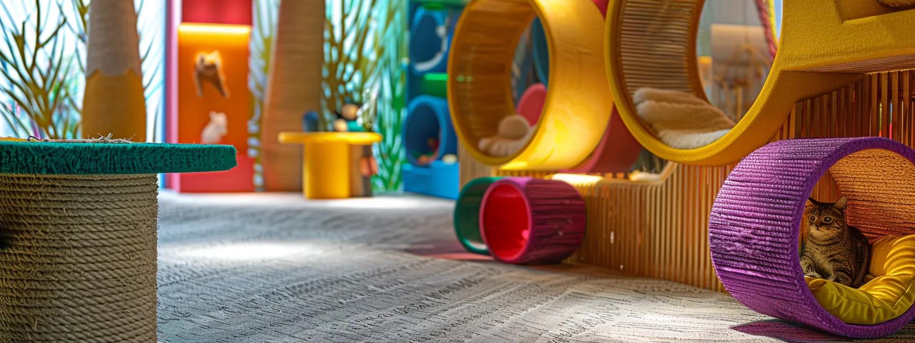a vibrant indoor cat play area showcases an array of eco-friendly, durable toys made from recycled materials, featuring bold colors and modern designs, illuminated by soft ambient lighting to emphasize their playful, sustainable nature. a vibrant indoor cat play area showcases an array of eco-friendly, durable toys made from recycled materials, featuring bold colors and modern designs, illuminated by soft ambient lighting to emphasize their playful, sustainable nature.