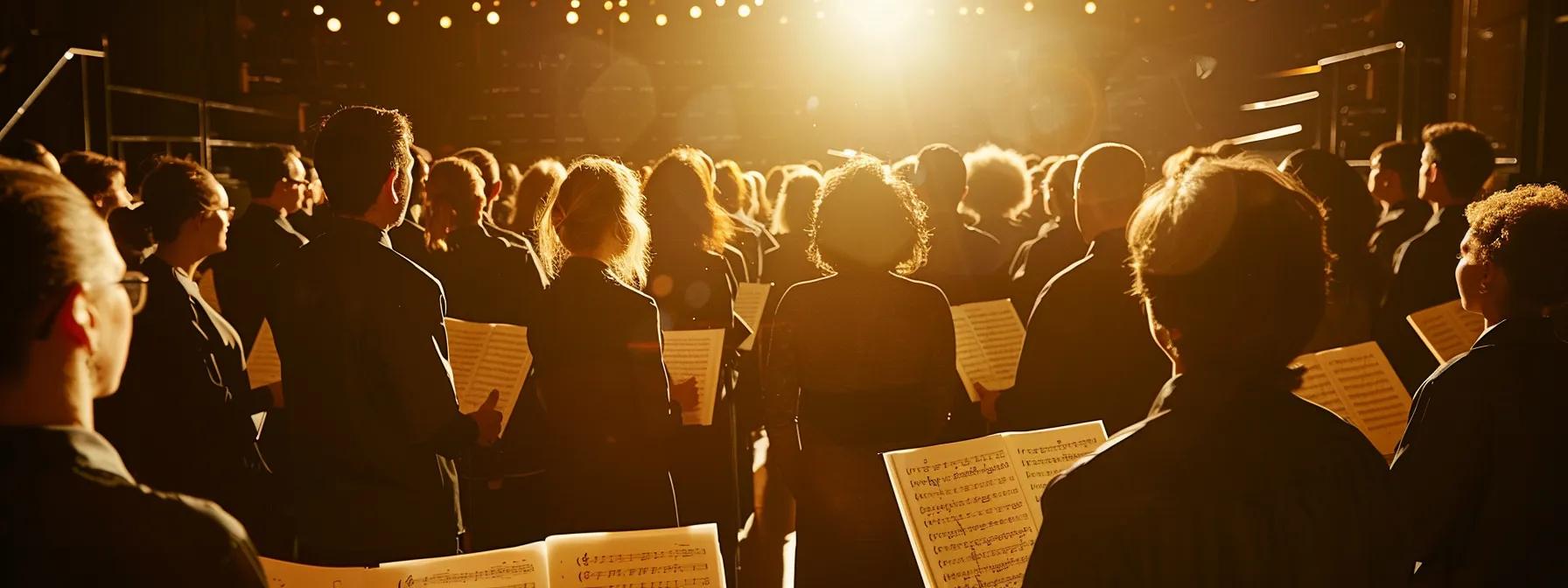 a vibrant indoor choir practice setting, filled with diverse participants immersed in harmonious singing, radiating joy and connection, with sheet music spread across stands under warm, focused lighting. a vibrant indoor choir practice setting, filled with diverse participants immersed in harmonious singing, radiating joy and connection, with sheet music spread across stands under warm, focused lighting.