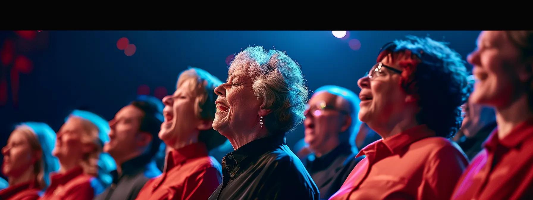 a vibrant indoor choir rehearsal captures diverse voices harmonizing under soft stage lighting, with a focus on individuals visibly engaging in deep breathing techniques, embodying the physical wellness benefits of singing. a vibrant indoor choir rehearsal captures diverse voices harmonizing under soft stage lighting, with a focus on individuals visibly engaging in deep breathing techniques, embodying the physical wellness benefits of singing.