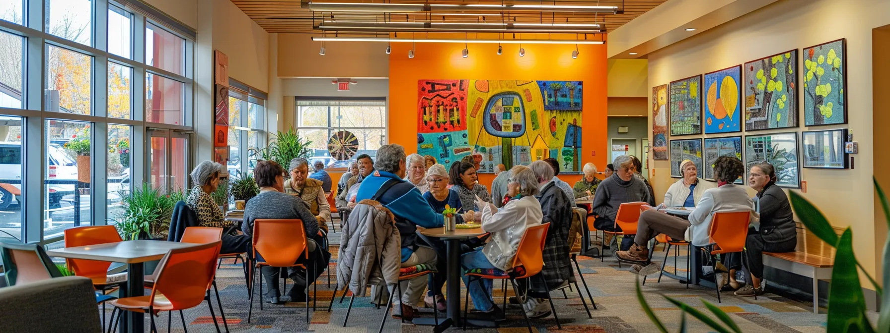 a vibrant indoor community center filled with older adults engaging in lively discussions, surrounded by colorful decorations and comfortable seating that radiate warmth and inclusivity.