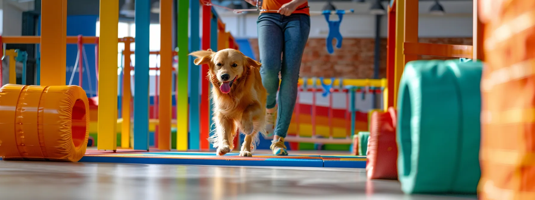 a vibrant indoor dog training session captures a playful golden retriever engaging with its trainer amid colorful agility equipment, showcasing joyful interaction and a sense of movement.