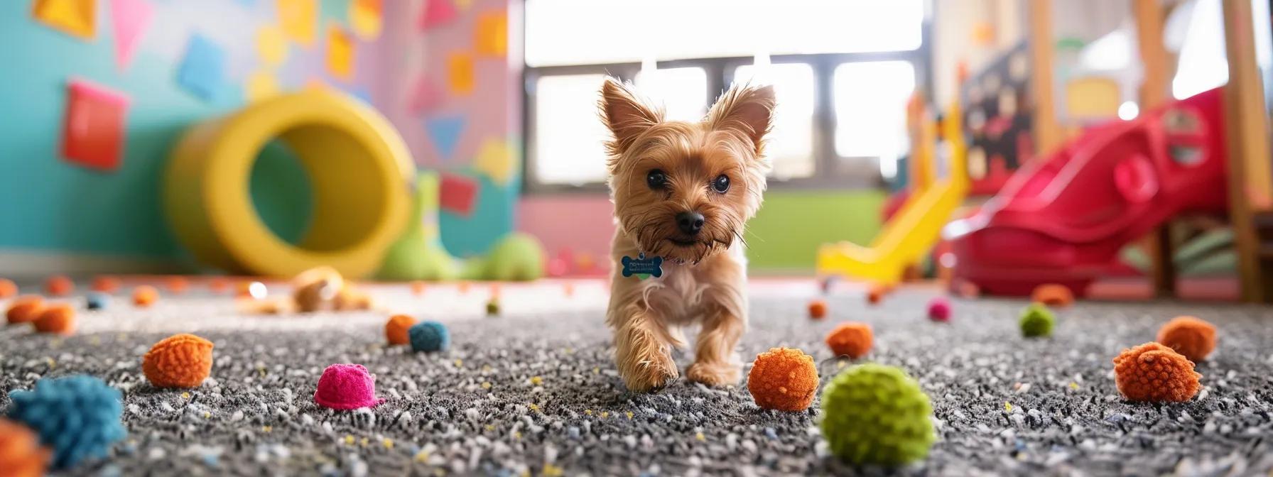 a vibrant indoor dog training space features a small dog energetically engaging with a variety of colorful fetch toys, highlighting an interactive play session that blends fun and education. a vibrant indoor dog training space features a small dog energetically engaging with a variety of colorful fetch toys, highlighting an interactive play session that blends fun and education.