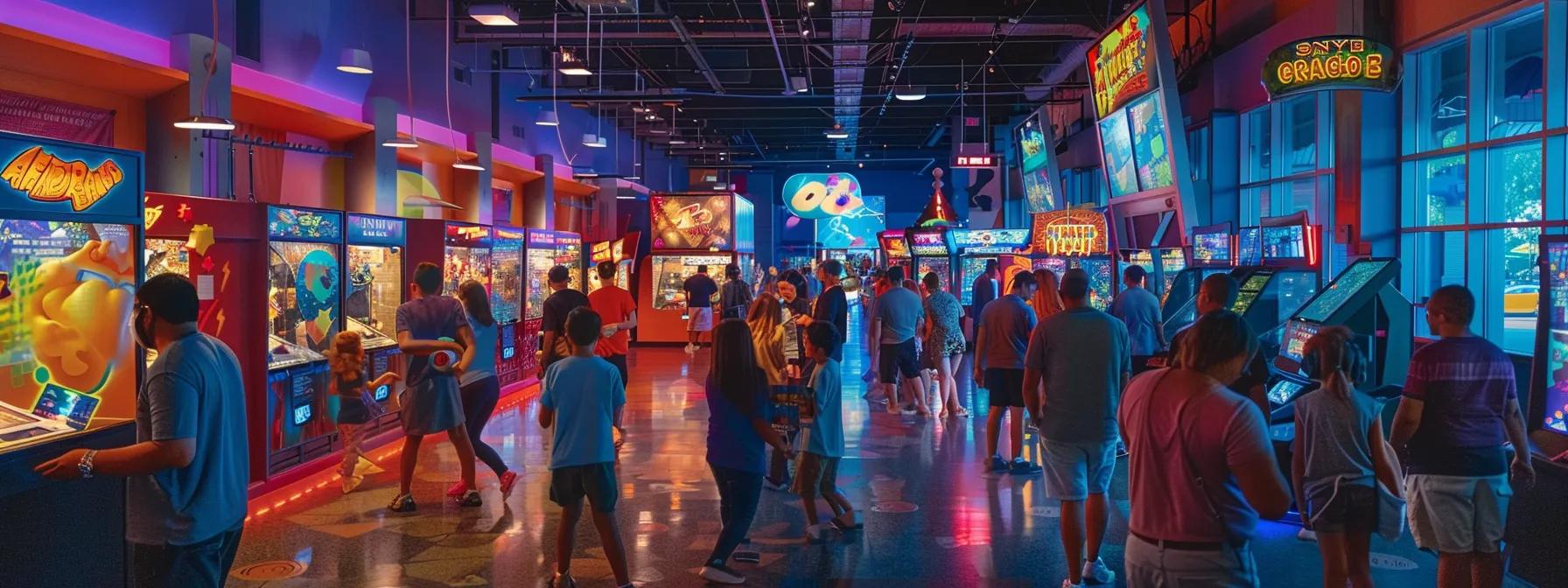 a vibrant indoor entertainment center in blue ridge, ga, bustling with children and families engaged in interactive stem exhibits and creative workshops, illuminated by colorful led lights and featuring dynamic augmented reality displays. a vibrant indoor entertainment center in blue ridge, ga, bustling with children and families engaged in interactive stem exhibits and creative workshops, illuminated by colorful led lights and featuring dynamic augmented reality displays.