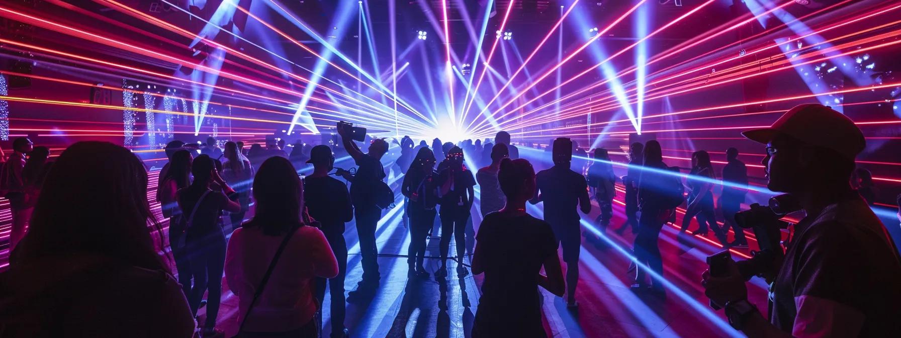 a vibrant indoor event space buzzes with excitement as diverse groups of people engage in a thrilling laser gun battle, illuminated by dynamic led lights that enhance the competitive atmosphere. a vibrant indoor event space buzzes with excitement as diverse groups of people engage in a thrilling laser gun battle, illuminated by dynamic led lights that enhance the competitive atmosphere.