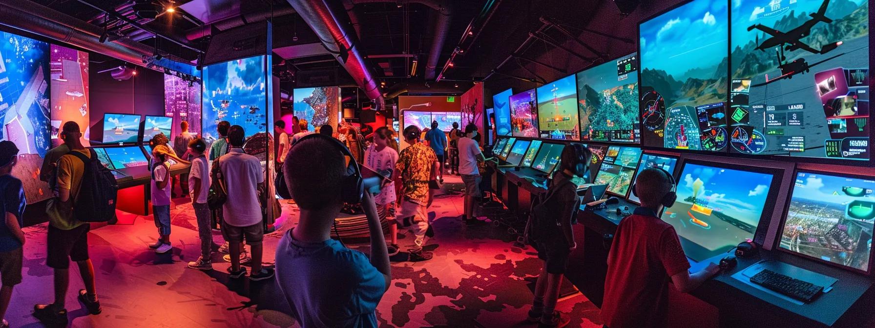 a vibrant indoor flight simulator venue bustling with families engaged in an immersive aviation experience, showcasing large screens displaying flight paths and excited children wearing headsets as they navigate the virtual skies. a vibrant indoor flight simulator venue bustling with families engaged in an immersive aviation experience, showcasing large screens displaying flight paths and excited children wearing headsets as they navigate the virtual skies.