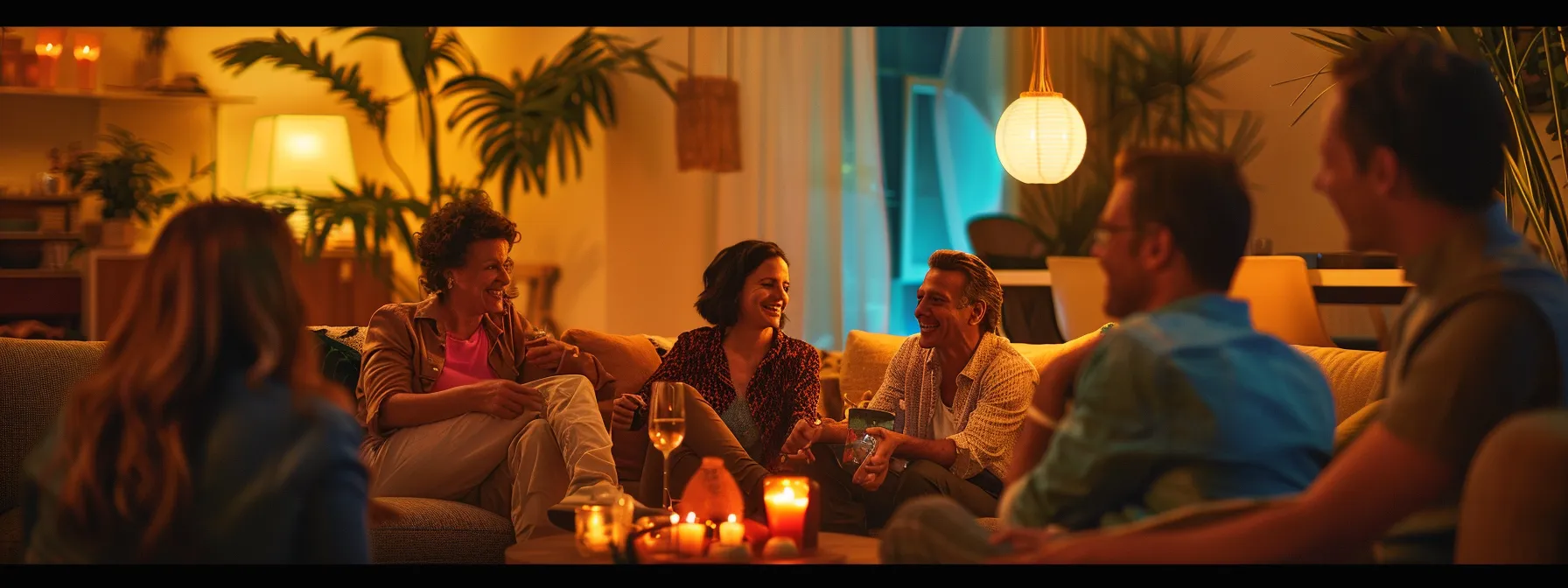 a vibrant indoor gathering of people over 50, laughing and socializing around a stylish coffee table, illuminated by soft, warm lighting that enhances the joyful atmosphere.