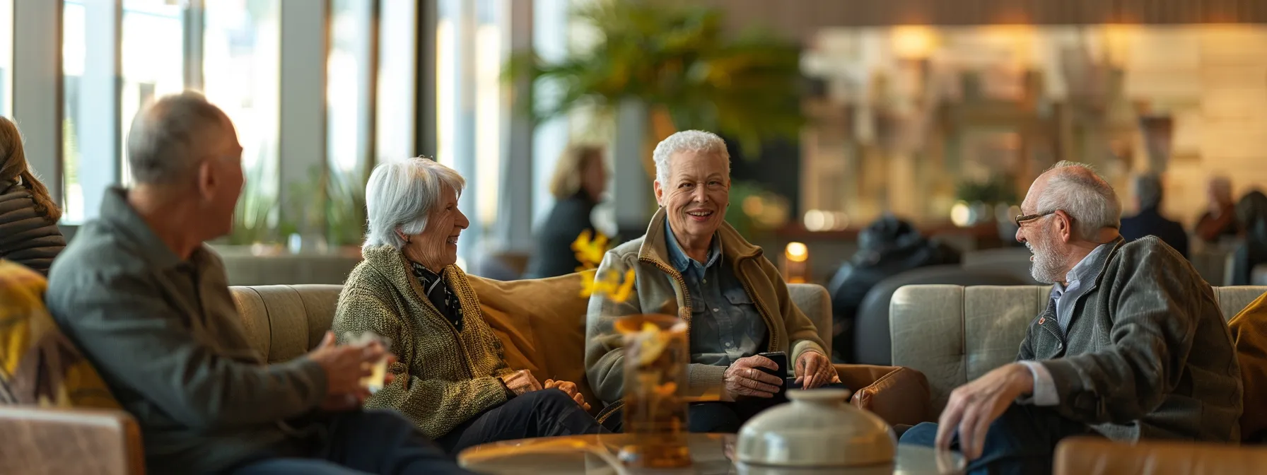 a vibrant indoor gathering of people over 50, joyfully engaging in a lively conversation around a modern, elegantly arranged lounge, illuminated by warm ambient lighting that highlights their expressions of happiness and camaraderie.