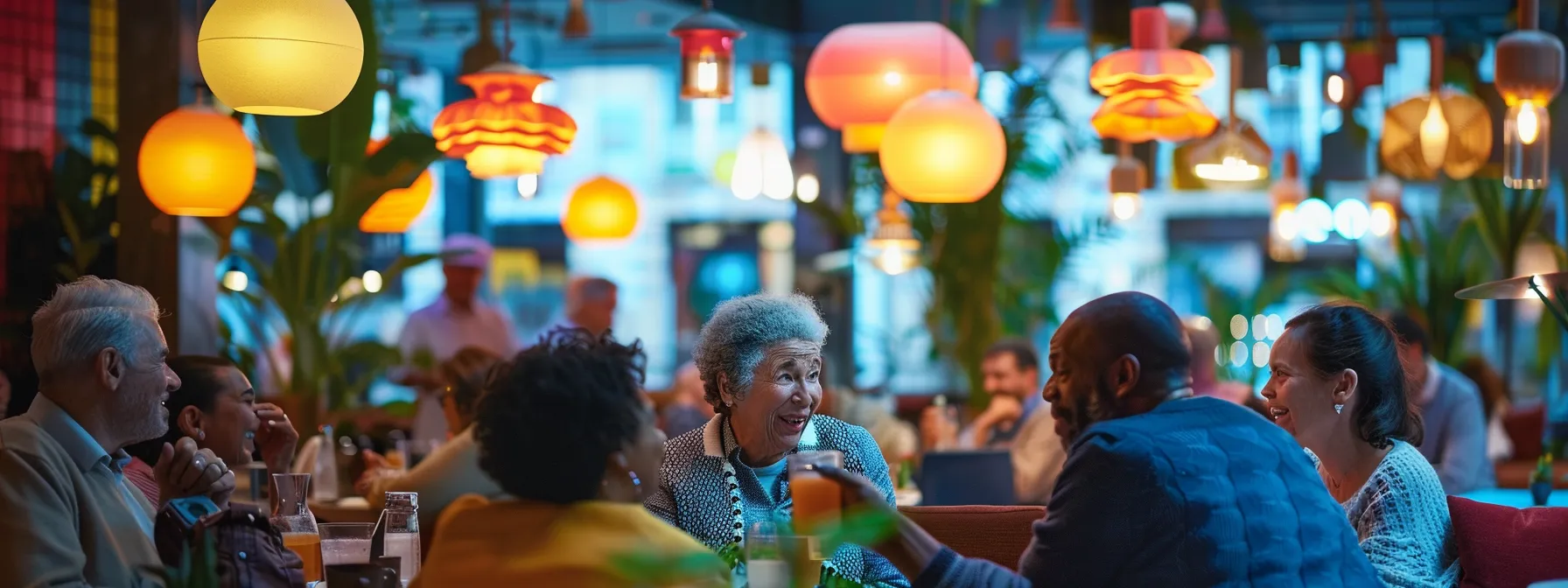 a vibrant indoor gathering showcases a diverse group of individuals over 50 enthusiastically sharing laughter and stories in a modern urban lounge, illuminated by warm, inviting pendant lights.