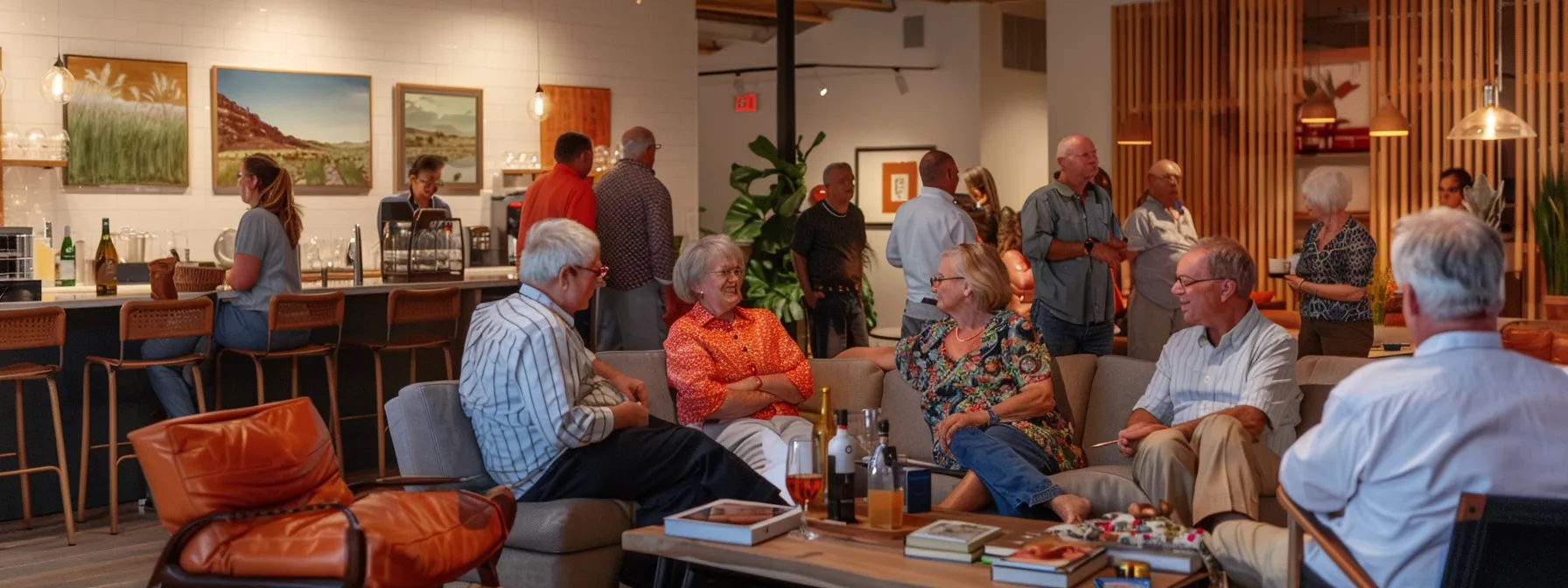 a vibrant indoor gathering space bustling with people over 50, engaging in lively conversations and sharing laughter, exuding warmth and joy as they celebrate friendships and life experiences.