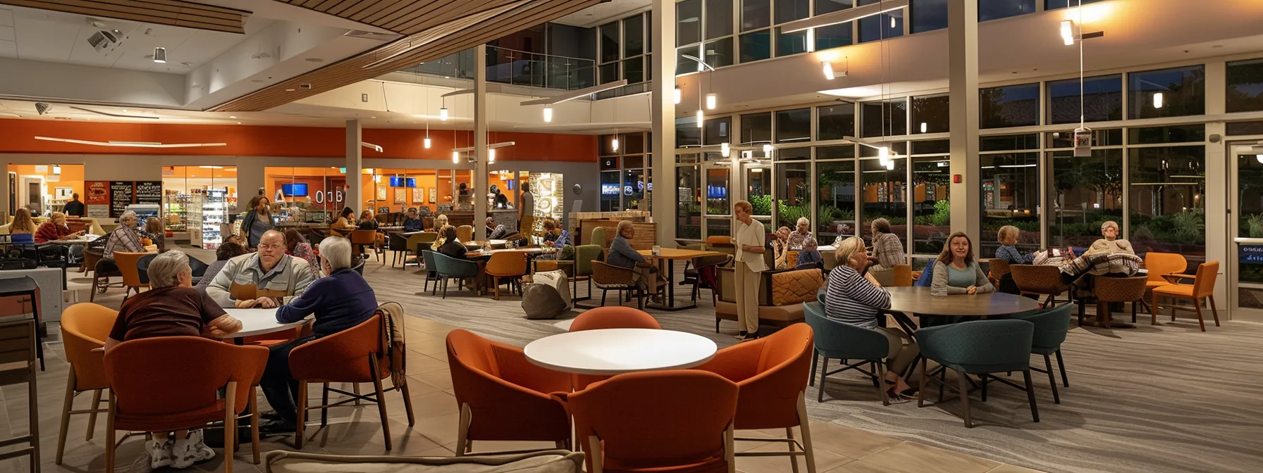 a vibrant indoor gathering space where older adults engage in lively conversation and enjoy shared activities, illuminated by warm artificial lighting and adorned with inviting decor that fosters a sense of community.