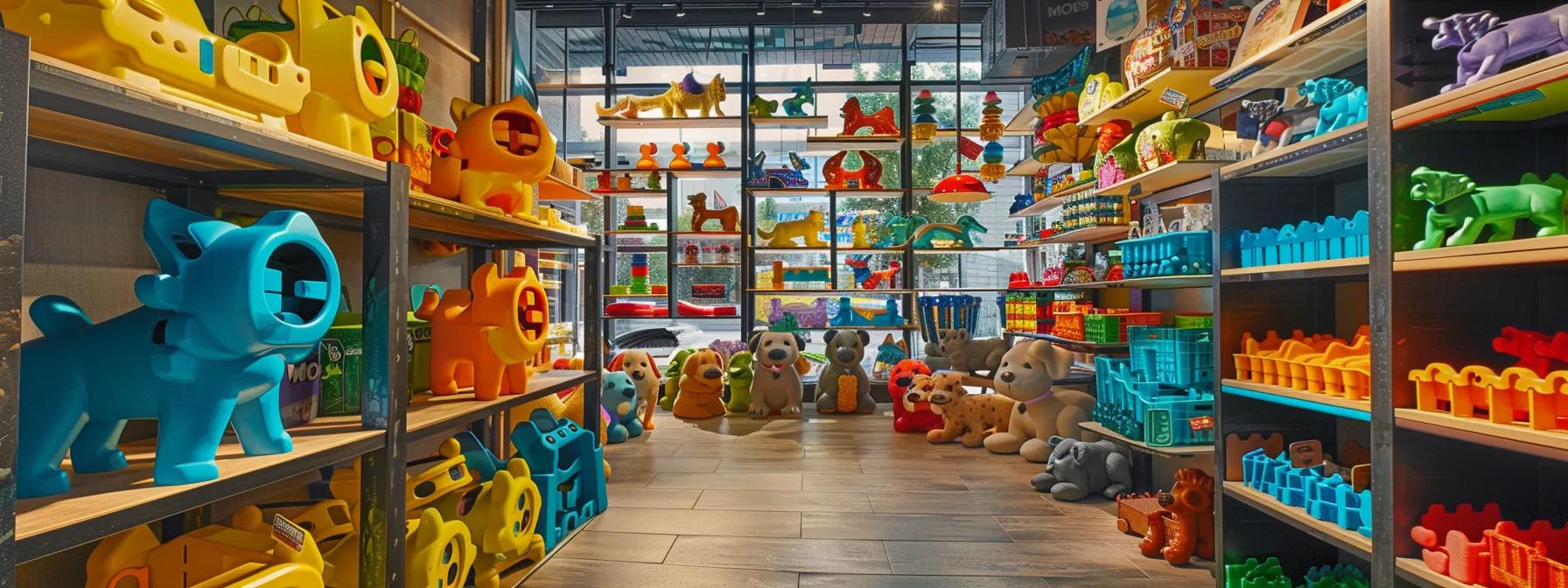 a vibrant indoor pet store display showcases an array of colorful interactive puzzle toys for dogs, each uniquely designed to engage various canine breeds and intellects against a backdrop of modern shelving and playful decorations. a vibrant indoor pet store display showcases an array of colorful interactive puzzle toys for dogs, each uniquely designed to engage various canine breeds and intellects against a backdrop of modern shelving and playful decorations.