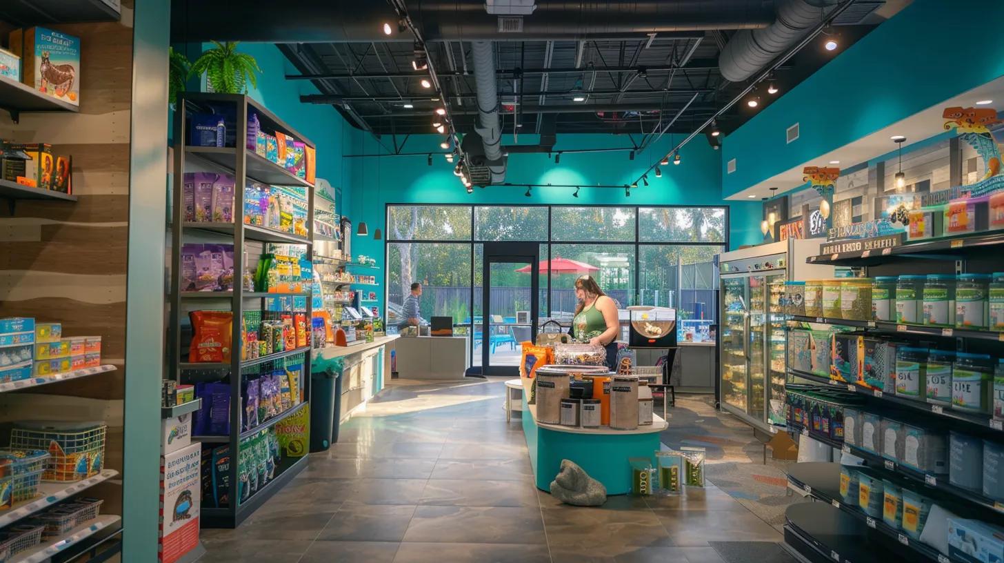 a vibrant indoor pet store setting showcases a diverse array of high-quality pet products and accessories, with friendly, knowledgeable staff engaging with delighted customers amidst colorful displays and a welcoming atmosphere. a vibrant indoor pet store setting showcases a diverse array of high-quality pet products and accessories, with friendly, knowledgeable staff engaging with delighted customers amidst colorful displays and a welcoming atmosphere.