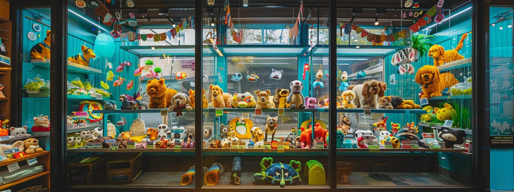 a vibrant indoor pet store display showcases a variety of colorful, small-sized fetch toys specifically designed for small dog breeds, emphasizing safety and playfulness with inviting, carefully arranged products. a vibrant indoor pet store display showcases a variety of colorful, small-sized fetch toys specifically designed for small dog breeds, emphasizing safety and playfulness with inviting, carefully arranged products.