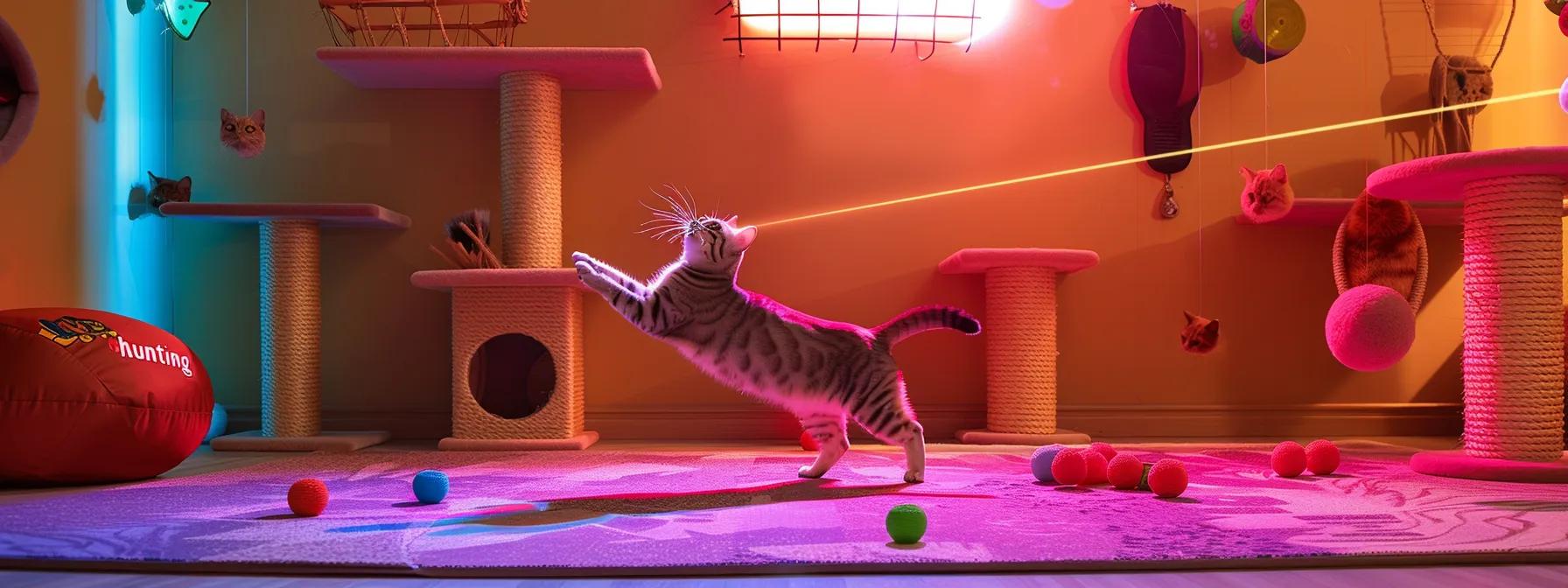 Interactive cat laser toy projecting a red dot for feline exercise and mental stimulation. Interactive cat laser toy projecting a red dot for feline exercise and mental stimulation.