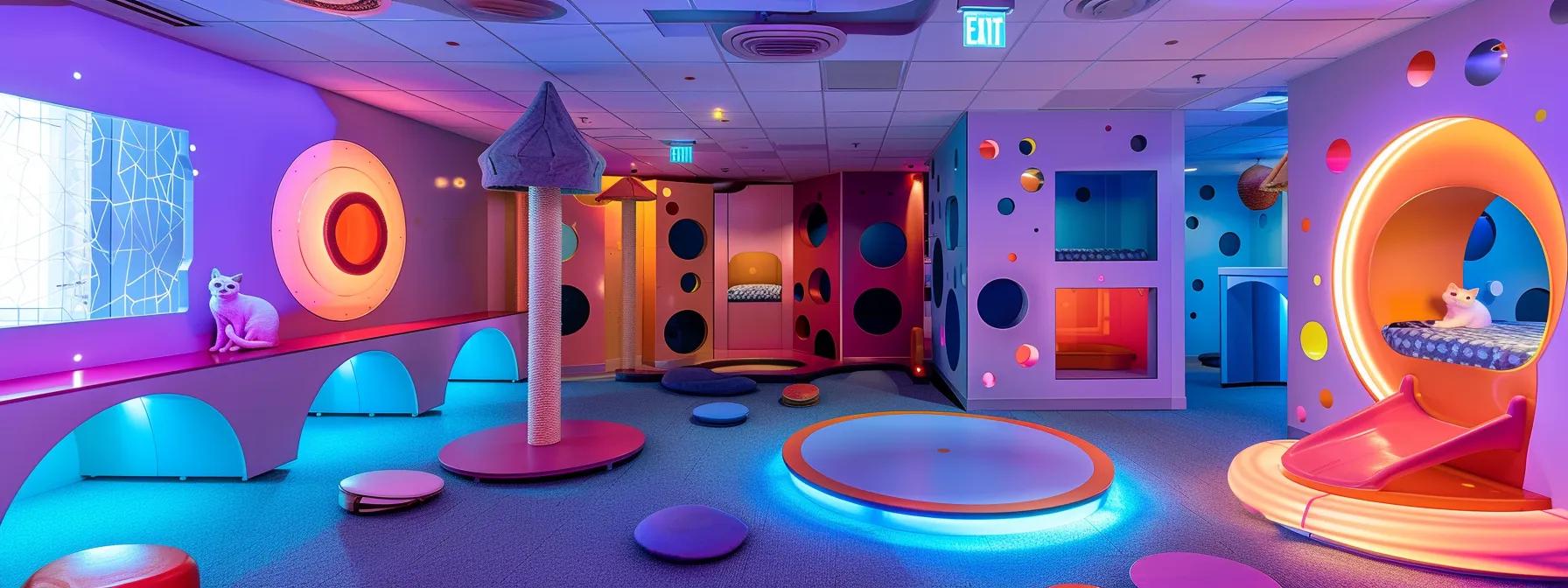 a vibrant indoor playroom filled with an array of high-tech integrative play systems featuring illuminated interactive panels and responsive modules designed to engage cats through visual and auditory stimuli, highlighting the essence of multi-sensory engagement in feline play. a vibrant indoor playroom filled with an array of high-tech integrative play systems featuring illuminated interactive panels and responsive modules designed to engage cats through visual and auditory stimuli, highlighting the essence of multi-sensory engagement in feline play.