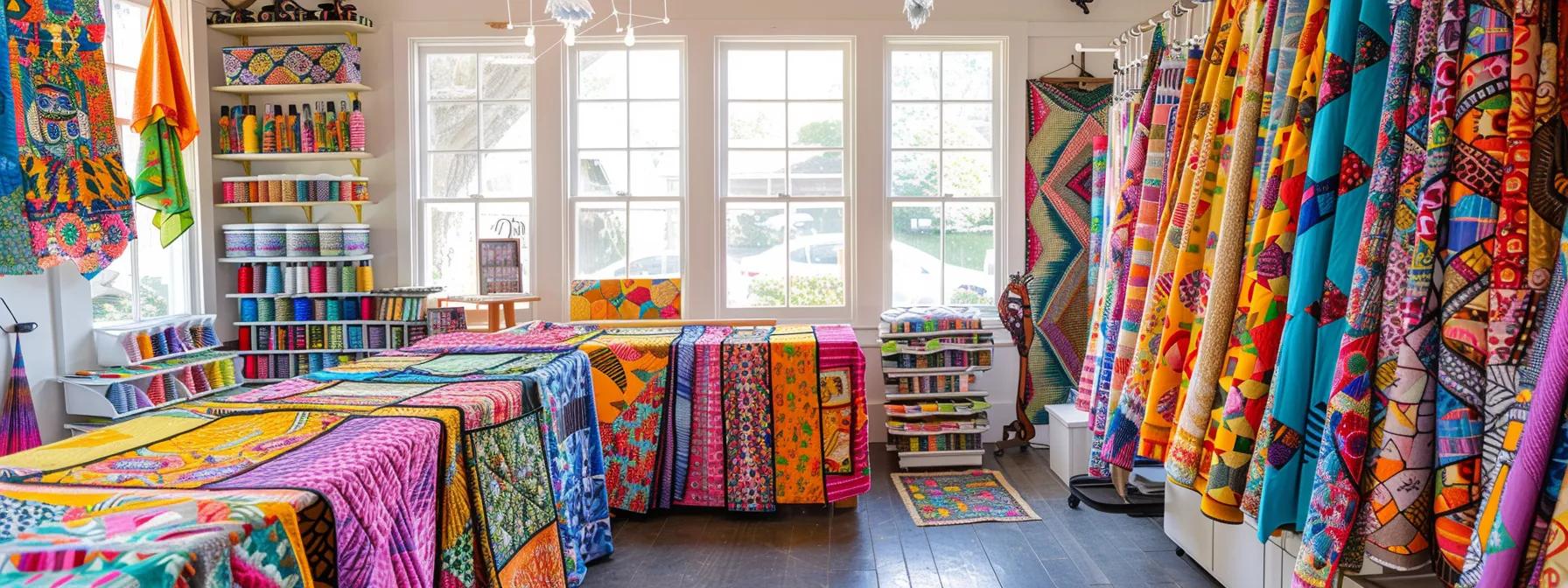 a vibrant indoor quilting studio showcases neatly organized quilt kits filled with colorful batik fabrics and pre-cut strips, surrounded by essential quilting tools like cutting mats, scissors, and rulers, highlighting the seamless and inspiring quilting experience.
