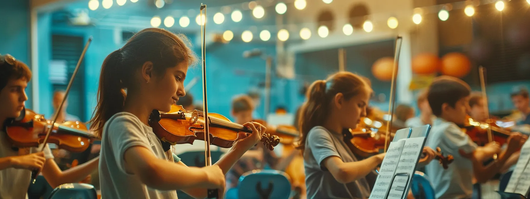 a vibrant indoor rehearsal space adorned with musical instruments, where focused young musicians eagerly practice together, embodying the spirit of camaraderie and preparation for their summer orchestra camp. a vibrant indoor rehearsal space adorned with musical instruments, where focused young musicians eagerly practice together, embodying the spirit of camaraderie and preparation for their summer orchestra camp.