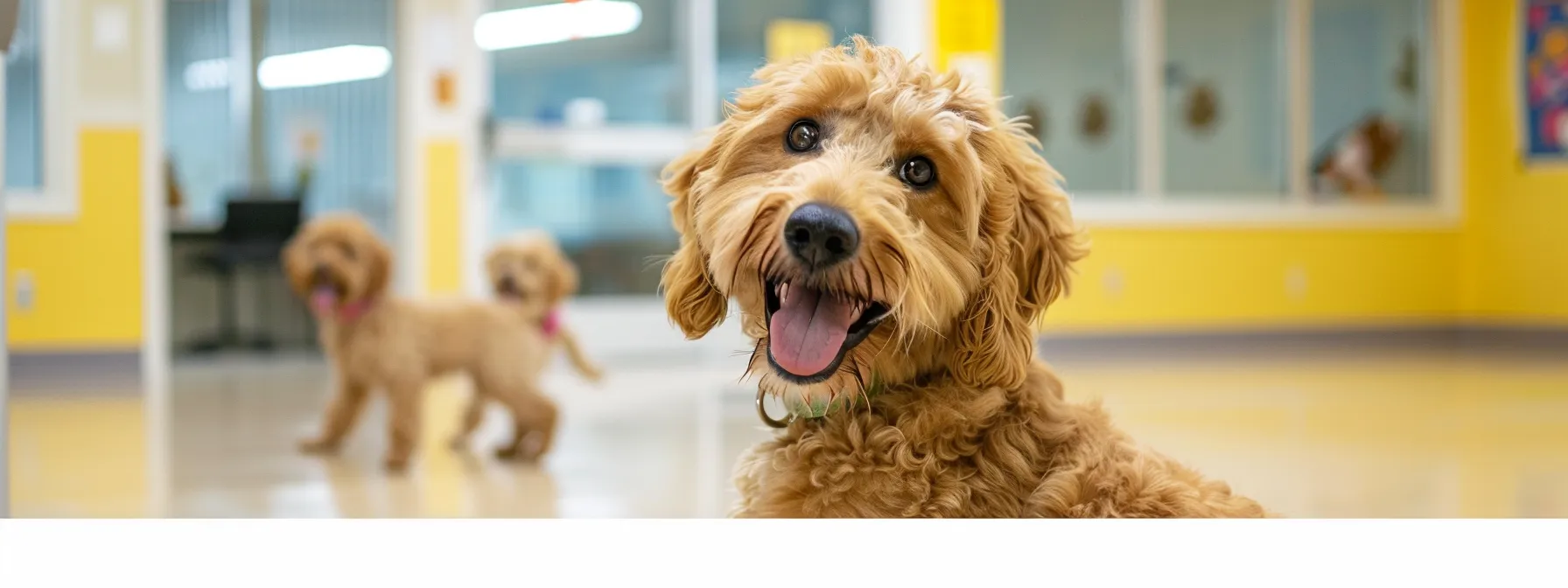 a vibrant indoor scene at happy pup manor showcases a cheerful golden retriever and an excited goldendoodle interacting playfully as they await their health check, surrounded by a clean, well-organized boarding facility that emphasizes safety and care.