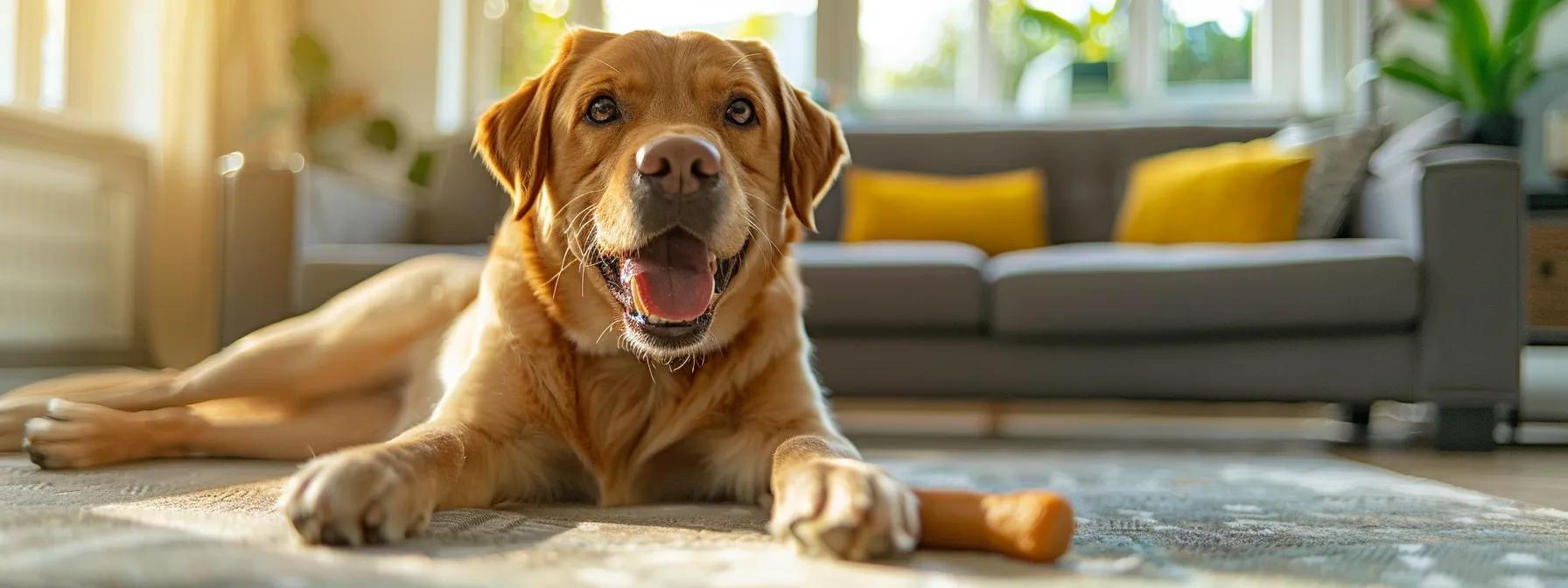 a vibrant indoor scene features a playful dog eagerly chewing a textured rawhide chew, set against a modern living room backdrop that highlights its joyful energy and promotes the benefits of dental health and stress relief. a vibrant indoor scene features a playful dog eagerly chewing a textured rawhide chew, set against a modern living room backdrop that highlights its joyful energy and promotes the benefits of dental health and stress relief.