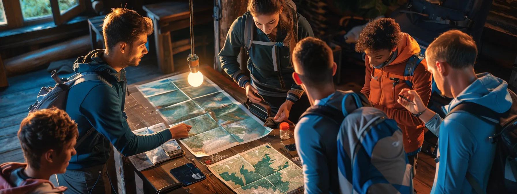 a vibrant indoor scene showcases a diverse group of beginners gathered around a sleek wooden table, studying an interactive map and discussing essential hiking gear, illuminated by warm pendant lighting, emphasizing the importance of preparation for family-friendly trails in the blue ridge mountains. a vibrant indoor scene showcases a diverse group of beginners gathered around a sleek wooden table, studying an interactive map and discussing essential hiking gear, illuminated by warm pendant lighting, emphasizing the importance of preparation for family-friendly trails in the blue ridge mountains.