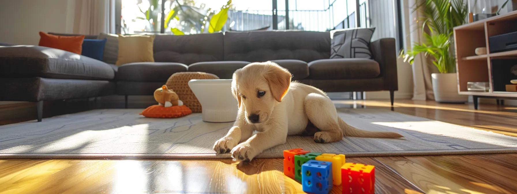 a vibrant indoor scene showcasing a dog eagerly engaging with a colorful interactive puzzle toy, set against a modern, stylish living room environment that highlights the joy of cognitive enrichment and playful interaction. a vibrant indoor scene showcasing a dog eagerly engaging with a colorful interactive puzzle toy, set against a modern, stylish living room environment that highlights the joy of cognitive enrichment and playful interaction.