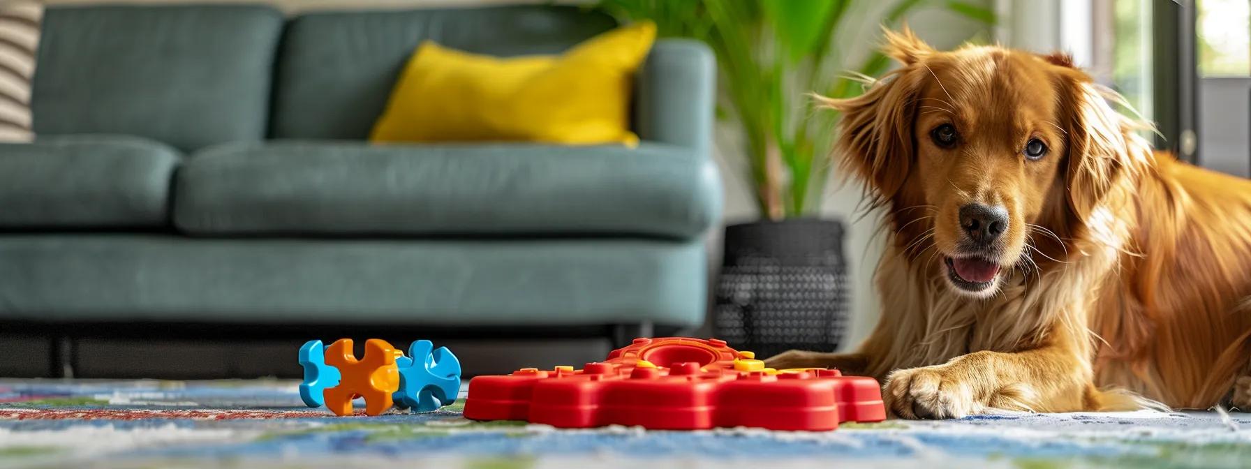 a vibrant indoor setting showcases a dog engaging playfully with an interactive non-food-based puzzle toy, featuring colorful textured surfaces and intriguing compartments that stimulate its cognitive abilities while promoting exploration and problem-solving. a vibrant indoor setting showcases a dog engaging playfully with an interactive non-food-based puzzle toy, featuring colorful textured surfaces and intriguing compartments that stimulate its cognitive abilities while promoting exploration and problem-solving.