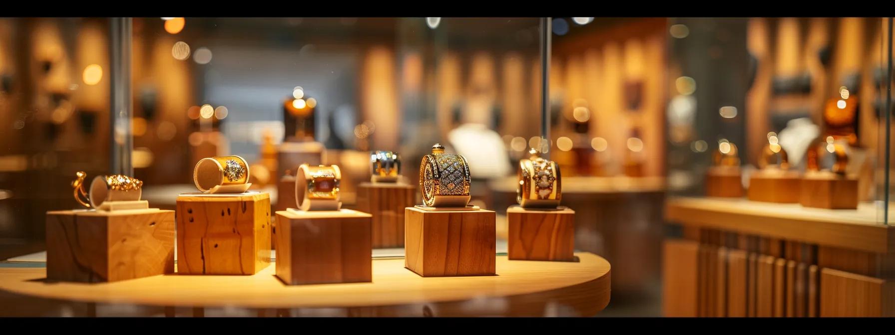 a vibrant indoor setting showcasing a diverse array of unique alternative wedding rings displayed on elegantly designed stands, each reflecting the rich cultural traditions and symbols of commitment from various communities.