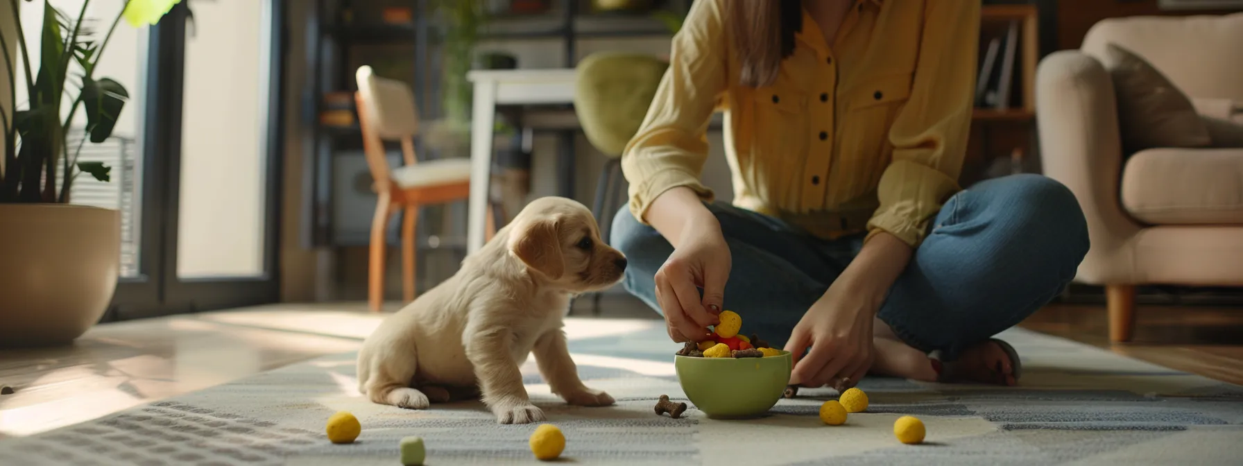 a vibrant indoor training session showcases a playful puppy eagerly receiving small, colorful training treats from a focused owner in a modern, well-lit living room, emphasizing positive reinforcement in pet training.