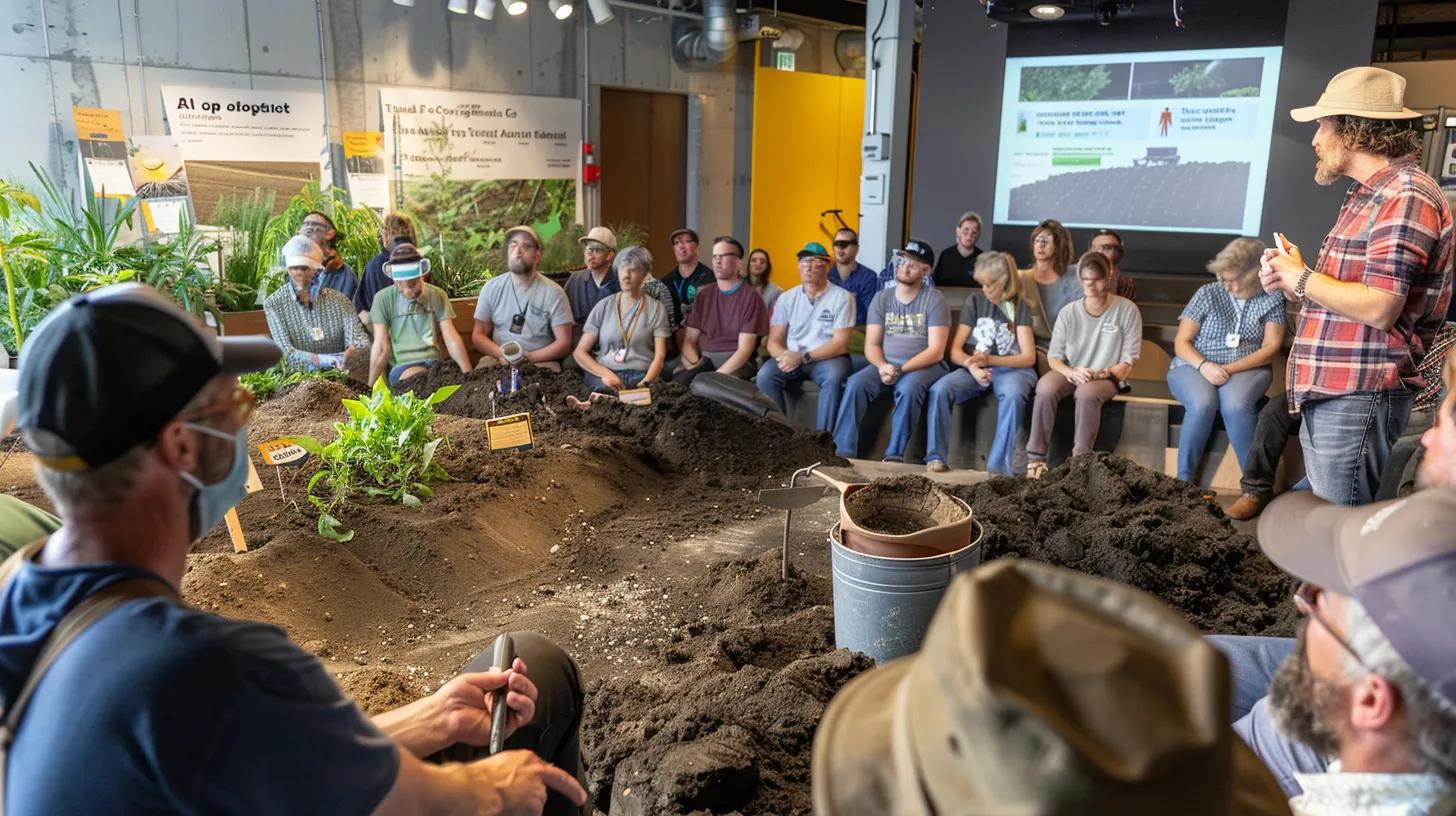 a vibrant indoor workshop scene features an expert demonstrating advanced soil testing techniques and compost application to a captivated audience of gardeners, with charts on soil health displayed prominently in the background. a vibrant indoor workshop scene features an expert demonstrating advanced soil testing techniques and compost application to a captivated audience of gardeners, with charts on soil health displayed prominently in the background.