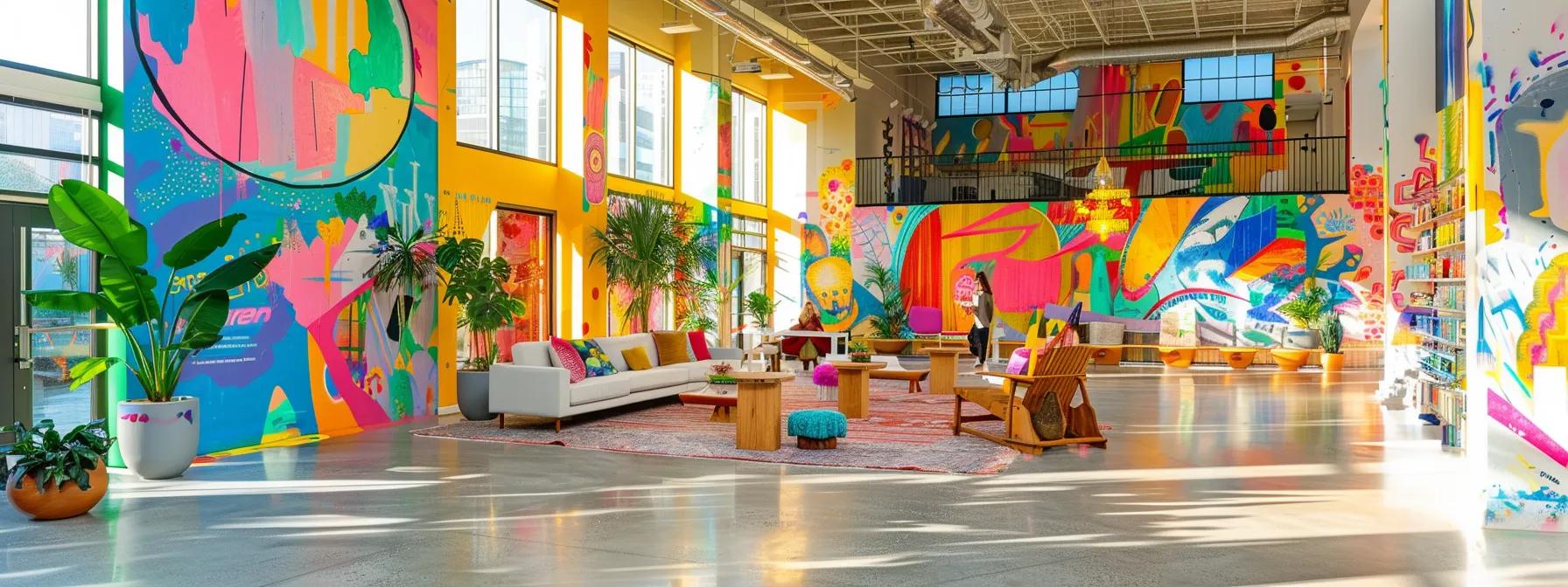 a vibrant indoor workshop space brimming with dynamic teams immersed in collaborative mural painting, animated by lively music, innovative digital tools, and energy-filled movement, showcasing their colorful collective artwork that embodies the company’s core values of passion, innovation, and empathy. a vibrant indoor workshop space brimming with dynamic teams immersed in collaborative mural painting, animated by lively music, innovative digital tools, and energy-filled movement, showcasing their colorful collective artwork that embodies the company’s core values of passion, innovation, and empathy.