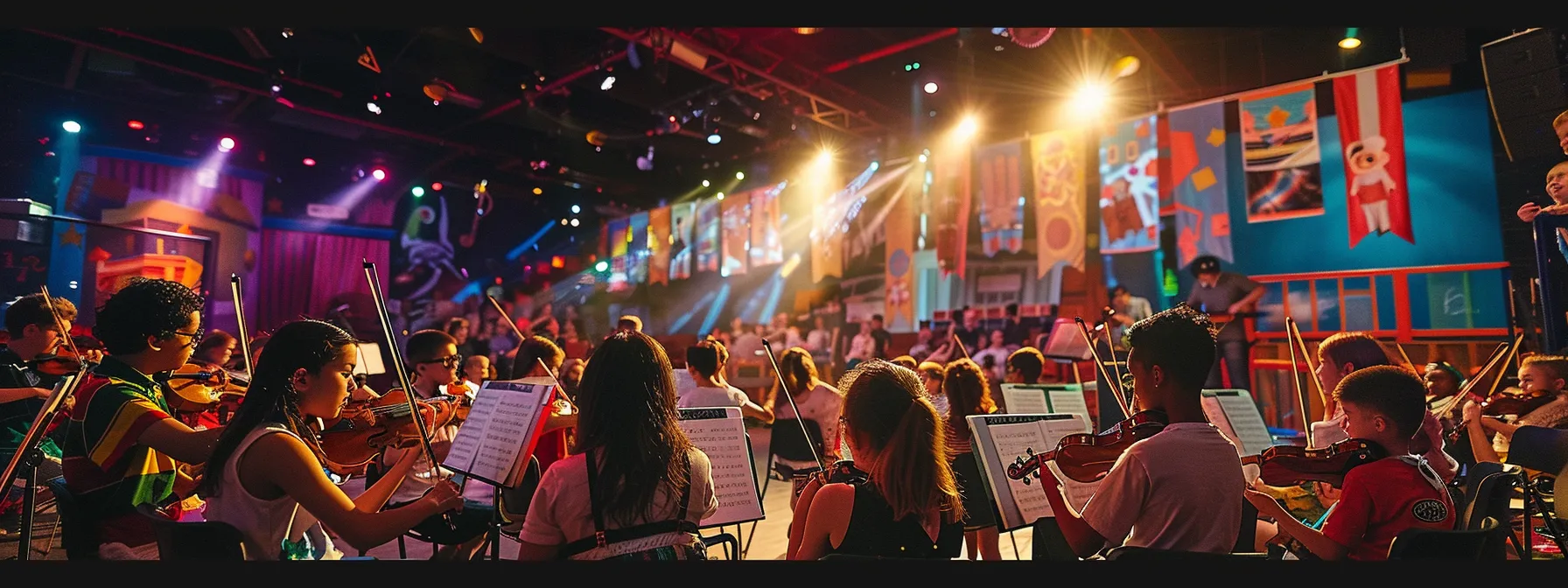 a vibrant interior of a youth orchestra summer camp, showcasing diverse young musicians passionately engaged in playing their instruments under bright, professional stage lighting, surrounded by banners from various prestigious music festivals. a vibrant interior of a youth orchestra summer camp, showcasing diverse young musicians passionately engaged in playing their instruments under bright, professional stage lighting, surrounded by banners from various prestigious music festivals.