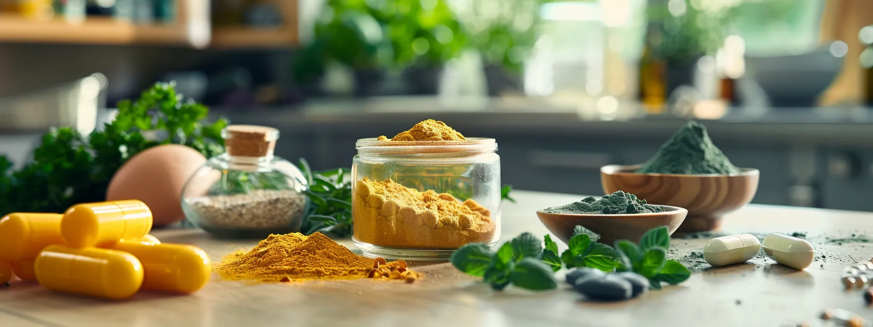 a vibrant, inviting display of a colorful all-in-one multivitamin powder surrounded by fresh natural ingredients like chlorella and herbs, set against a softly lit kitchen countertop that evokes a sense of health and vitality.