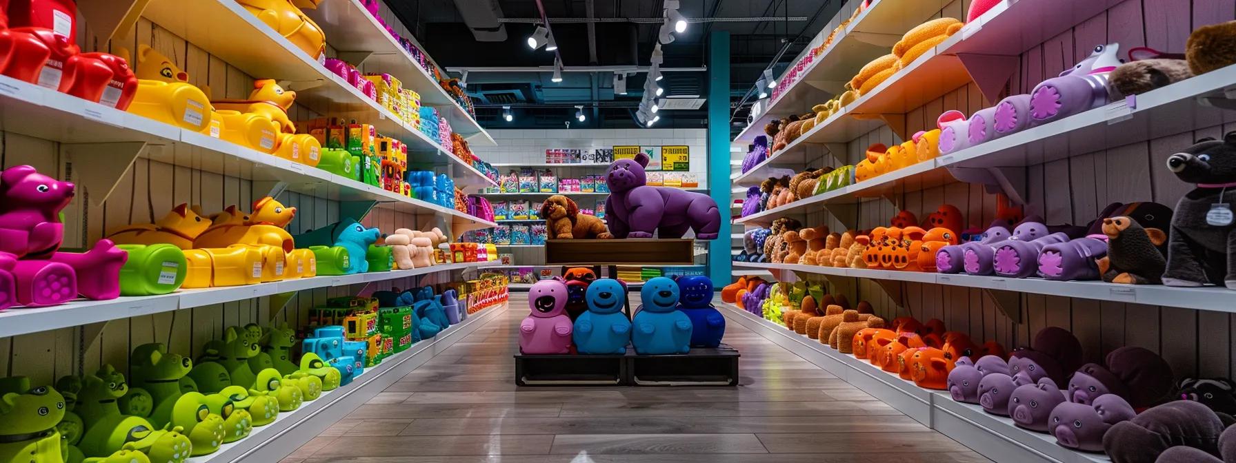 a vibrant, inviting pet store display showcases a variety of colorful kong puppy toys on sleek, polished shelves, highlighting their soft rubber texture and design specifically aimed at developing chewers, while creating an atmosphere of playful anticipation for new puppy owners. a vibrant, inviting pet store display showcases a variety of colorful kong puppy toys on sleek, polished shelves, highlighting their soft rubber texture and design specifically aimed at developing chewers, while creating an atmosphere of playful anticipation for new puppy owners.