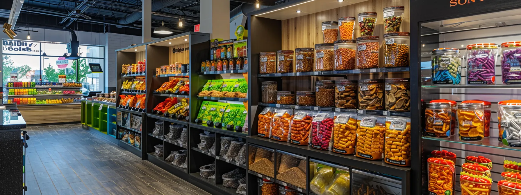 a vibrant, inviting pet treat display showcases an assortment of colorful, healthy puppy training rewards made from whole meats and vegetables, surrounded by sleek packaging designs emphasizing their natural ingredients in a modern, well-lit pet store setting.