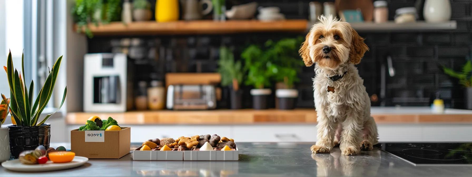 a vibrant, inviting setting showcases an open subscription box filled with an assortment of healthy puppy treats, positioned on a sleek modern kitchen counter, emphasizing convenience and variety for discerning pet parents. a vibrant, inviting setting showcases an open subscription box filled with an assortment of healthy puppy treats, positioned on a sleek modern kitchen counter, emphasizing convenience and variety for discerning pet parents.