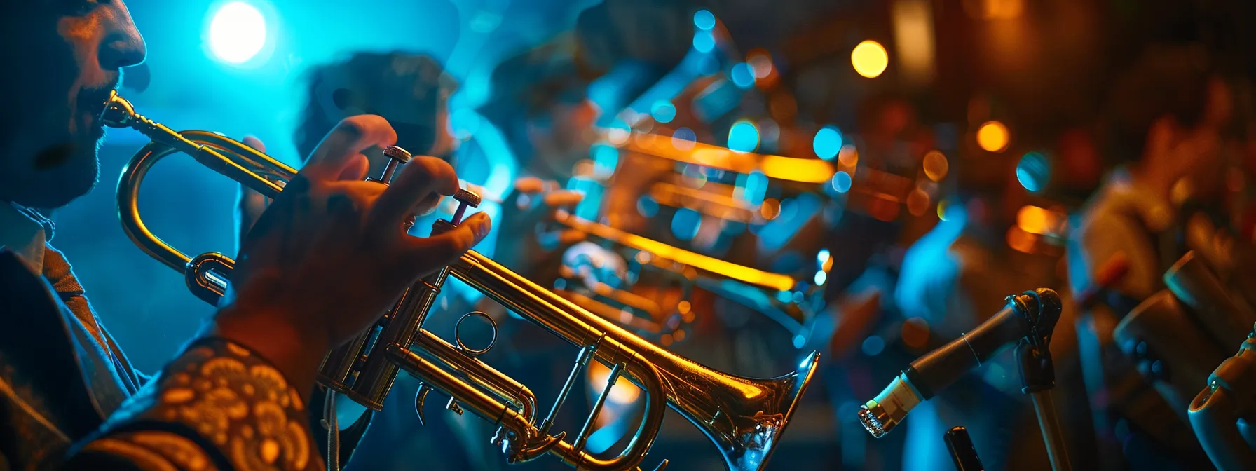 a vibrant jazz ensemble fills a dimly lit urban club, showcasing a section of brass instruments that gleam under the warm spotlight, each musician passionately engaged in their performance, creating an electrifying atmosphere of rhythm and sound.