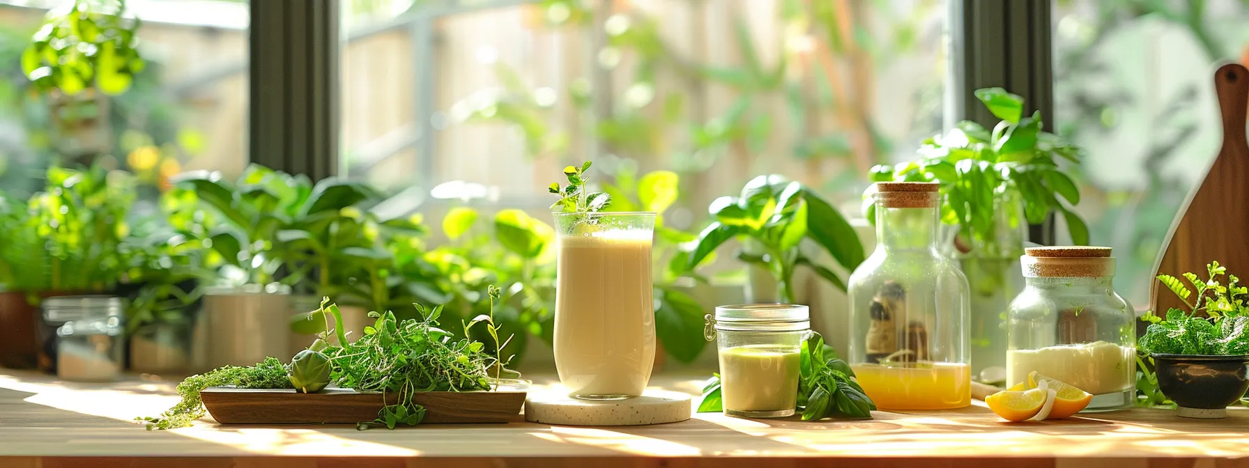 a vibrant kitchen counter displays a chicory latte, matcha energy boost smoothie, and dandelion root brew, surrounded by fresh herbs and colorful ingredients, illuminated by warm, natural light that highlights the inviting atmosphere of coffee alternatives.