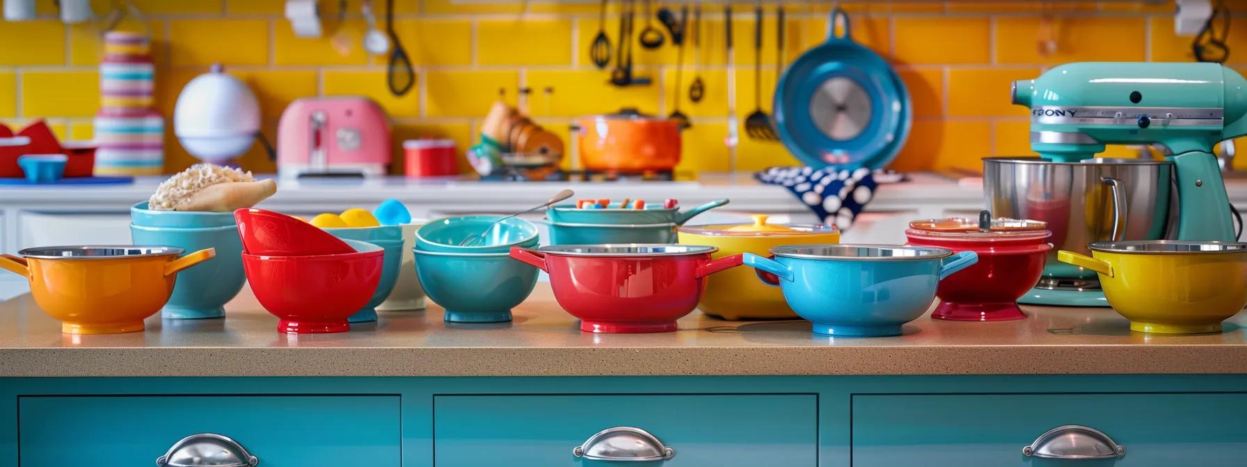 a vibrant kitchen countertop filled with colorful mixing bowls, measuring cups, and precision tools like a food processor and rolling pin, arranged neatly to convey an inviting atmosphere for baking homemade dog treats. a vibrant kitchen countertop filled with colorful mixing bowls, measuring cups, and precision tools like a food processor and rolling pin, arranged neatly to convey an inviting atmosphere for baking homemade dog treats.