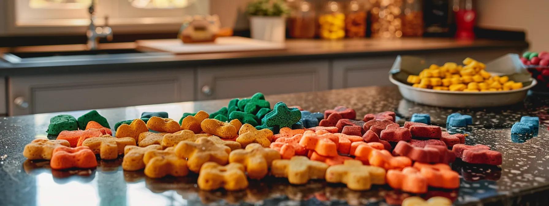 a vibrant kitchen countertop is adorned with an array of colorful, homemade dog treats shaped like bones and paw prints, showcasing the careful selection of wholesome ingredients in an inviting and cozy setting. a vibrant kitchen countertop is adorned with an array of colorful, homemade dog treats shaped like bones and paw prints, showcasing the careful selection of wholesome ingredients in an inviting and cozy setting.