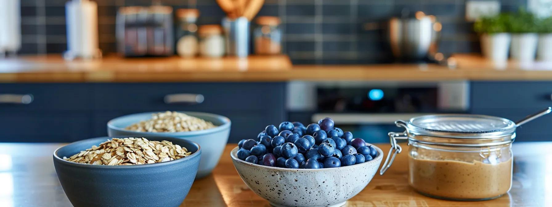 a vibrant kitchen scene featuring a sleek countertop adorned with neatly arranged bowls of blueberries, oats, and peanut butter, each ingredient exuding freshness and color, ready for creating homemade dog treats. a vibrant kitchen scene featuring a sleek countertop adorned with neatly arranged bowls of blueberries, oats, and peanut butter, each ingredient exuding freshness and color, ready for creating homemade dog treats.