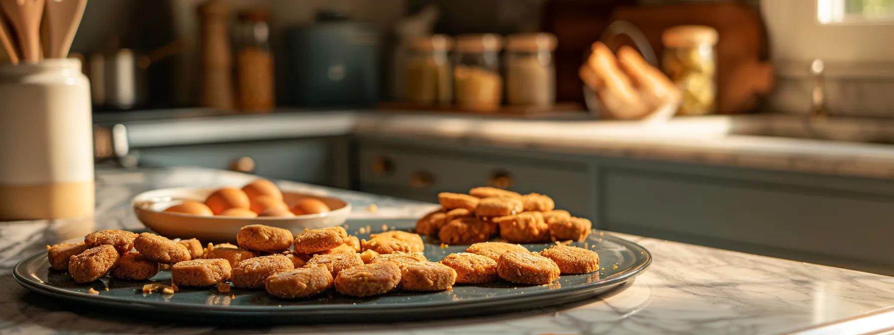 a vibrant kitchen setting showcases an array of soft dog treats arranged artfully on a sleek countertop, highlighting their enticing textures and diverse protein sources like eggs, dairy, and meat, under warm, inviting lighting. a vibrant kitchen setting showcases an array of soft dog treats arranged artfully on a sleek countertop, highlighting their enticing textures and diverse protein sources like eggs, dairy, and meat, under warm, inviting lighting.