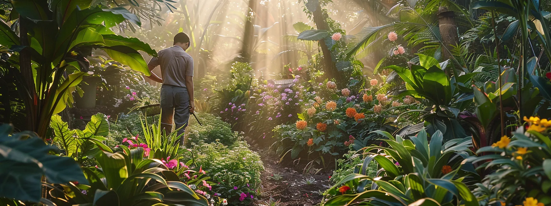 a vibrant landscape in mid-transformation showcases a dedicated landscaper examining lush greenery and newly planted flowers, with sunlight filtering through trees, capturing the essence of progress and care in the project. a vibrant landscape in mid-transformation showcases a dedicated landscaper examining lush greenery and newly planted flowers, with sunlight filtering through trees, capturing the essence of progress and care in the project.