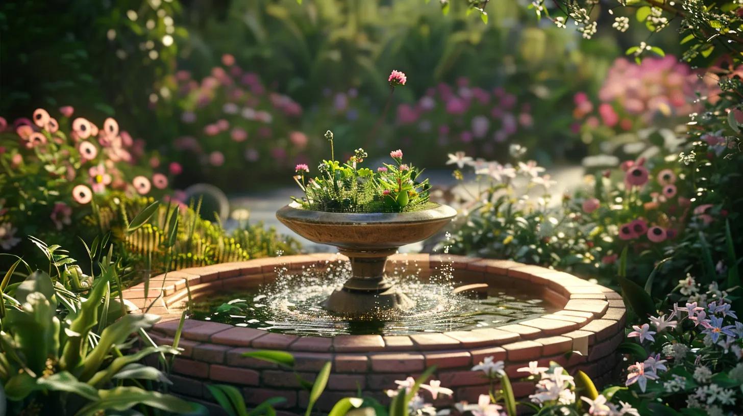 a vibrant landscape of native plants and seasonal blooms elegantly surrounds a tranquil brick fountain, showcasing a sustainable and visually harmonious outdoor space. a vibrant landscape of native plants and seasonal blooms elegantly surrounds a tranquil brick fountain, showcasing a sustainable and visually harmonious outdoor space.